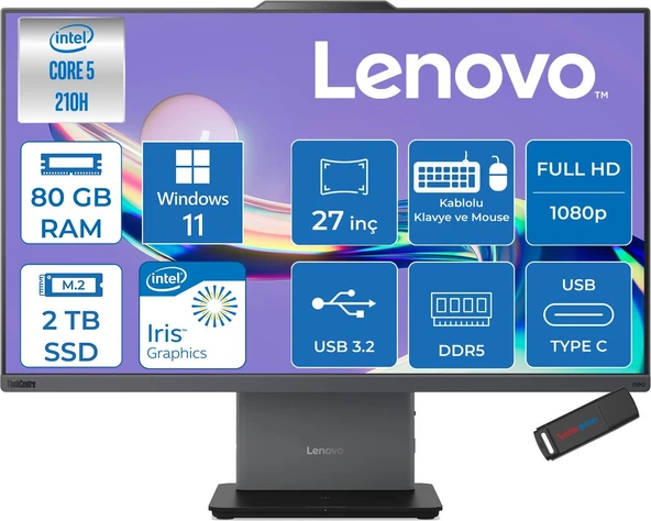 Lenovo Thinkcentre Neo 50A 27 Gen5 Intel Core 5 210H 4.8ghz 80GB Ddr5 2tb SSD Windows 11 Pro Intel Graphics 27 Inç Fhd (1920X1080) IPS 300NITS 99% Srgb 100Hz TC12SAA05QTRP34 + Zetta Flash Bellek ürün görseli 1
