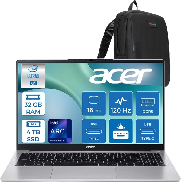 Acer Aspire Lite AL16-71P Intel Core Ultra 5 125H 4.5ghz 32GB Ddr5 4tb SSD Freedos Arc Graphics 16" 120Hz IPS Fullhd+ (1920X1200) Taşınabilir Bilgisayar NXDCLEY001F15 + Zetta Çanta ürün görseli 1