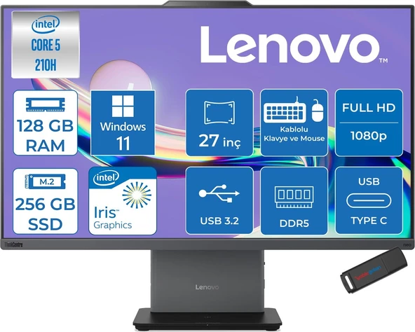 Lenovo Thinkcentre Neo 50A 27 Gen5 Intel Core 5 210H 4.8ghz 128GB Ddr5 256GB SSD Windows 11 Pro Intel Graphics 27 Inç Fhd (1920X1080) IPS 300NITS 99% Srgb 100Hz TC12SAA05QTRP41 + Zetta Flash Bellek ürün görseli 1
