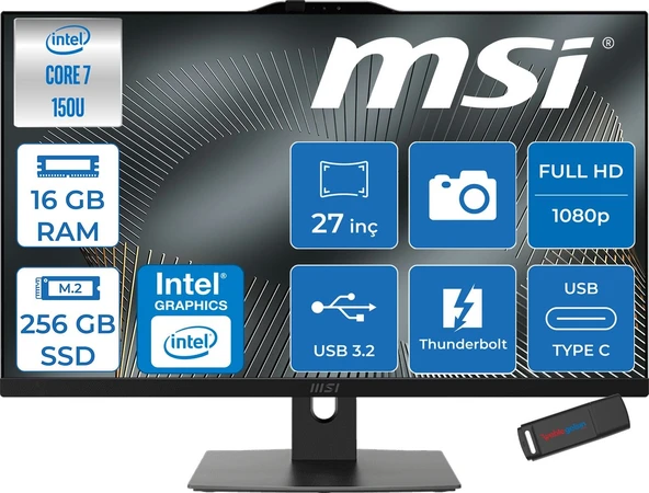 MSI Msı Modern AM272P Intel Core 7 150U 5.4ghz 16GB Ddr5 256GB SSD Freedos Intel Graphics 27 Inç Fullhd (1920X1080) IPS 300NITS All In One Bilgisayar 1M1205XTRF01 + Zetta Flash Bellek ürün görseli 1