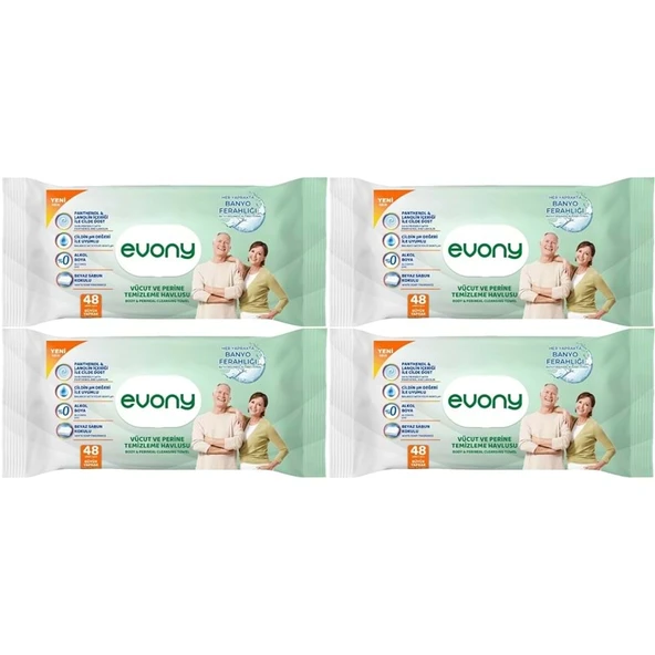 Evony Yetişkin Vücut Perine Temizleme Islak Mendil Havlu 48 Yaprak XL Banyo Ferahlığı (4 Lü Set) ürün görseli 1