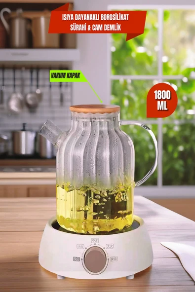 Lemonade Vakumlu Bambu Kapaklı Isıya Dayanıklı Borosilikat Sürahi & Cam Demlik, Süzgeçli Demlik ürün görseli 1