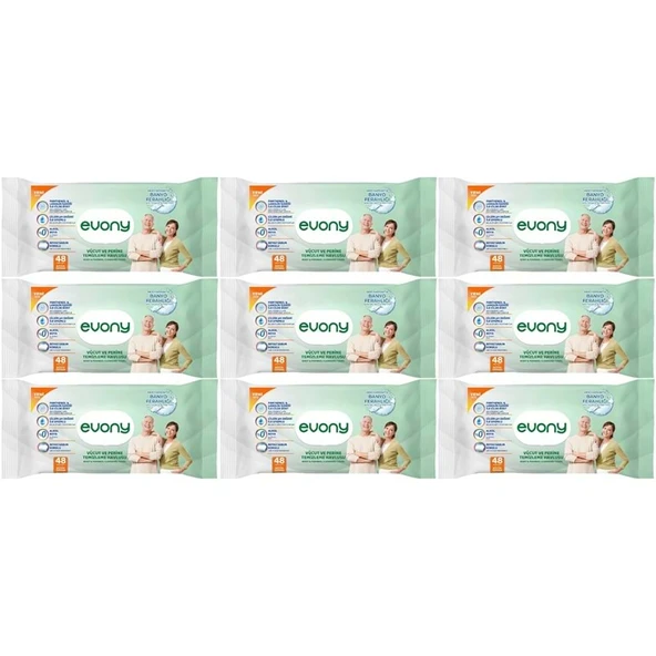 Evony Yetişkin Vücut Perine Temizleme Islak Mendil Havlu 48 Yaprak XL Banyo Ferahlığı (9 Lu Set) ürün görseli 1