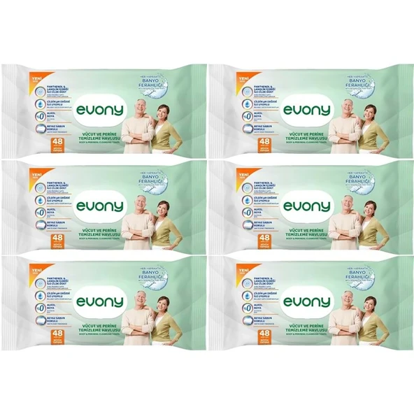 Evony Yetişkin Vücut Perine Temizleme Islak Mendil Havlu 48 Yaprak XL Banyo Ferahlığı (6 Lı Set) ürün görseli 1