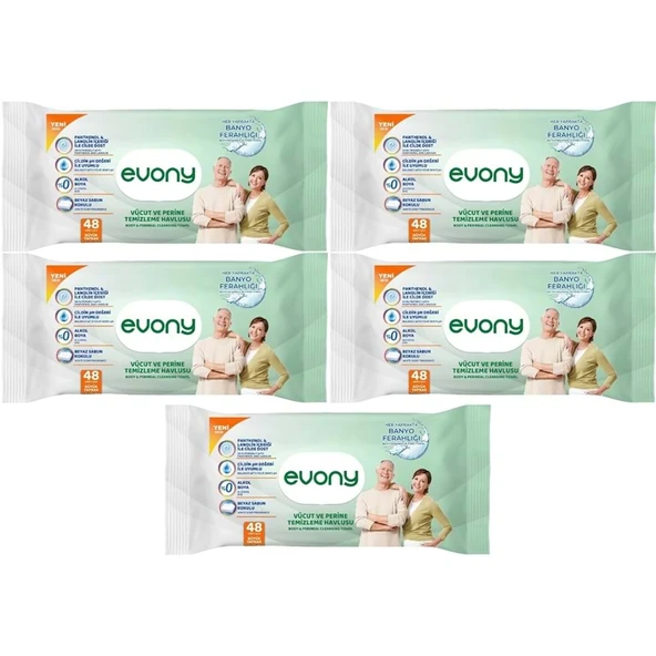 Evony Yetişkin Vücut Perine Temizleme Islak Mendil Havlu 48 Yaprak XL Banyo Ferahlığı (5 Li Set) ürün görseli 1