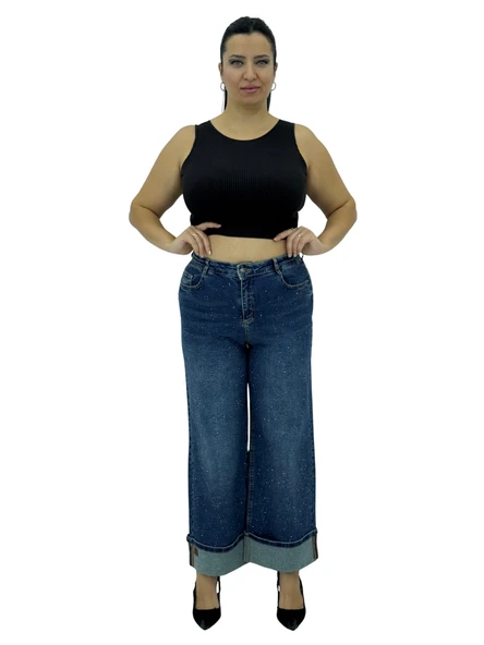 Büyük Beden Denim Toparlayıcı Yüksek Bel Taşlı Geniş Paça Kadın Pantolon ürün görseli 1
