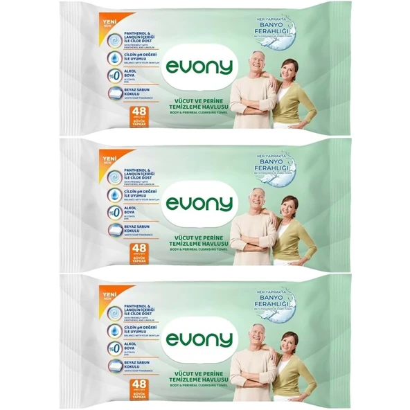 Evony Yetişkin Vücut Perine Temizleme Islak Mendil Havlu 48 Yaprak XL Banyo Ferahlığı (3 Lü Set) ürün görseli 1