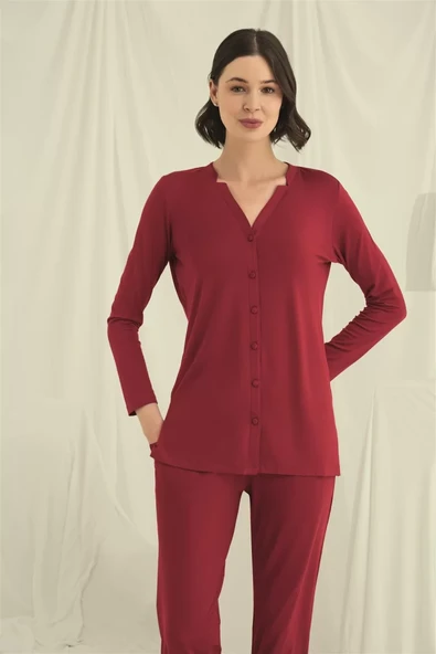 Uzun Kollu Düğmeli V Yaka Pijama Takımı ürün görseli 1