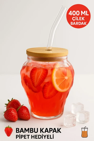 Çilek Desenli 400 ml Borosilikat Cam Bardak ürün görseli 1