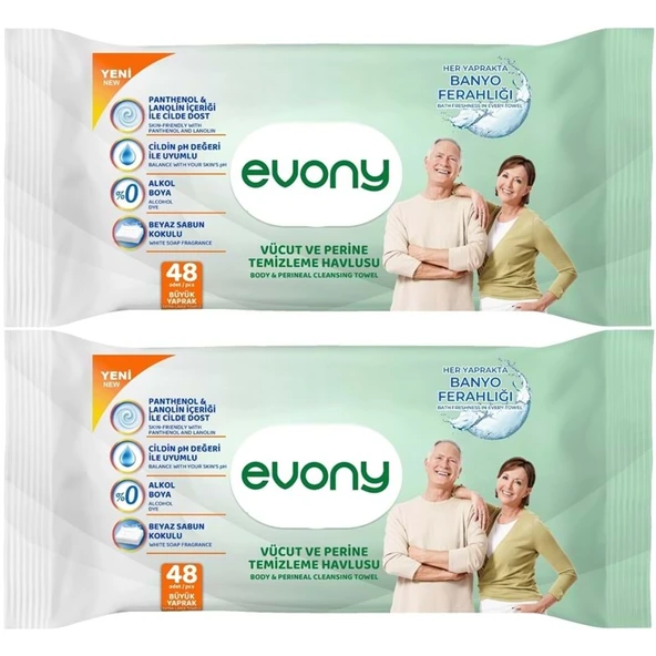Evony Yetişkin Vücut Perine Temizleme Islak Mendil Havlu 48 Yaprak XL Banyo Ferahlığı (2 Li Set) ürün görseli 1