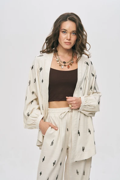 Kadın Etnik Modern Boncuk İşlemeli Natur Oversize Kimono ürün görseli 1