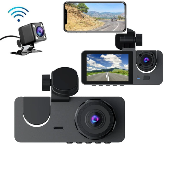 Y15 Full Hd 1080P 3 Kameralı Araç Içi Dvr Kamera Geri Görüş Destekli, Gece Görüşlü, G-Sensörlü, 2.0" LCD Ekranlı - Siyah ürün görseli 1