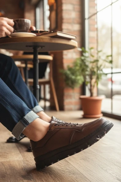 Enoch Hakiki Deri Kahve Klasik Hatlı Erkek Sneaker Ayakkabı Ortopedik Taban ürün görseli 1