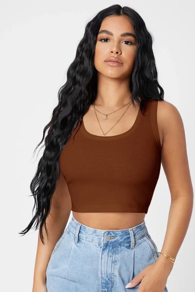 Kadın Kahverengi Kare Yaka Crop Top Bluz ürün görseli 1