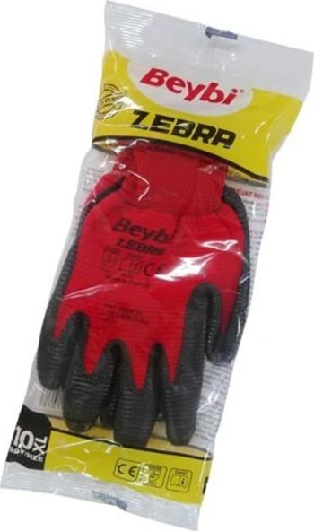 Beybi Zebra Nitril Kaplama Örme Eldiven Kırmızı Işçi Eldiveni Tekli - Resim 2
