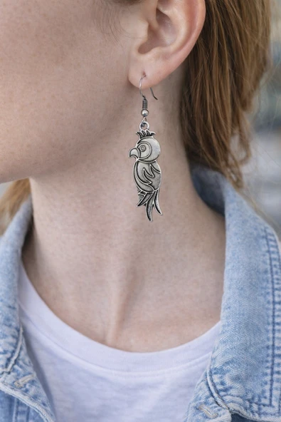 Crown Bird Charm – Taçlı Kuş Figürlü Gümüş Renk Unisex Sallantılı Küpe ürün görseli 1