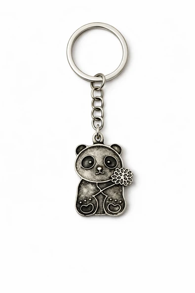 Lucky Panda Charm – Çiçek Detaylı Panda Figürlü Gümüş Renk Unisex Metal Anahtarlık ürün görseli 1