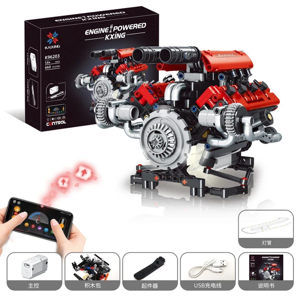 Ferrari V8 Motorundan Esinlenen 680 Parça Uzaktan Kontrollü Işıklı Mekanik Motor Modeli ürün görseli 1