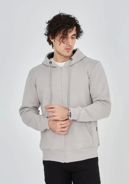 Unisex Tam Fermuarlı Kapşonlu  SweatShirt - Boyalı Gri ürün görseli 1
