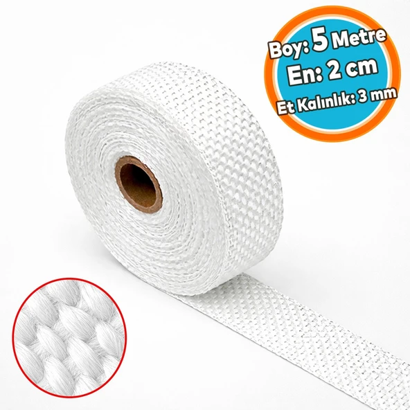 (5 metre) En: 2 cm Kalınlık: 3 mm Takviyeli Lifli Cam Elyaf Ekzoz Sargı Bezi Isı Yalıtım Yanmaz Bant ürün görseli 1