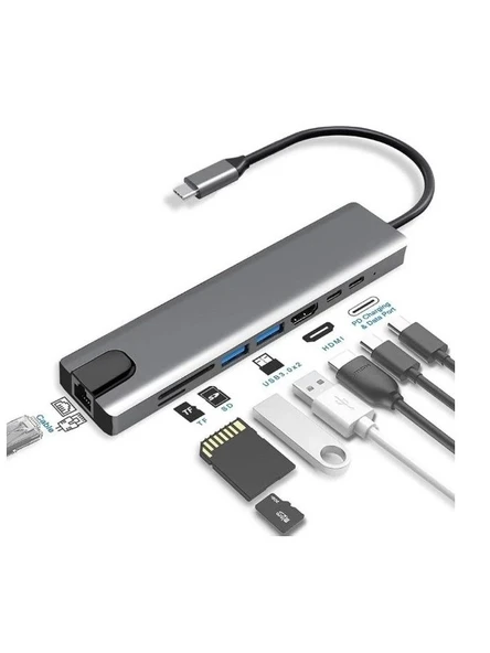 8 in 1 Ethernet SD USB Type-C Hub HDMI Girişli MacBook Çevirici ürün görseli 1