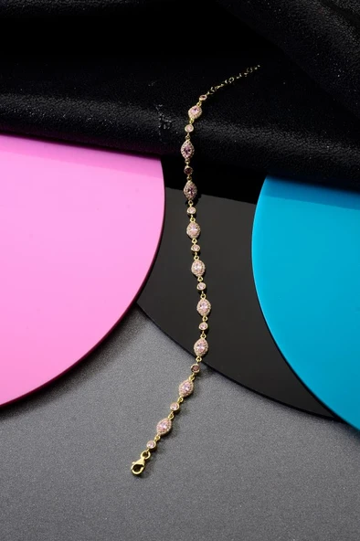 925 Ayar Gümüş Pembe Taşlı Damla Bileklik ürün görseli 1