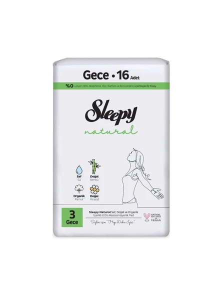 Sleepy Natural Ultra Hassas Hijyenik Ped Gece 16 Adet 1 Paket ürün görseli 1