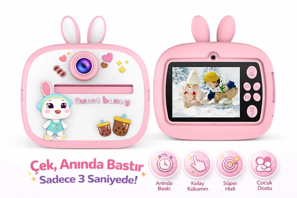 Çocuklar İçin Anında Baskı Yapan Fotoğraf Makinesi Pembe Tavşan Tasarım Video Fotoğraf Çekimli ürün görseli 1