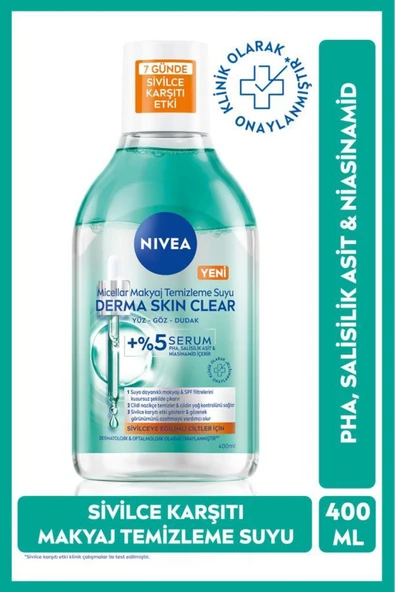 NIVEA Micellar Makyaj Temizleme Suyu Derma Skin Clear 400 ml,Sivilce Karşıtı,Niasinamid,Salisilik Asit,PHA ürün görseli 1