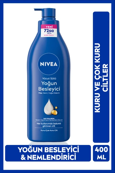 NIVEA Yoğun Besleyici Vücut Sütü 400 ml, 72 Saat Nemlendirici,Hızlı Emilir,Badem Yağı,Kuru Cilt ürün görseli 1