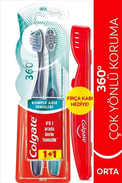 Colgate 360 Komple Ağız Temizliği Çok Yönlü Koruma Orta Diş Fırçası 1+1 & Fırça Kabı Hediye ürün görseli 1