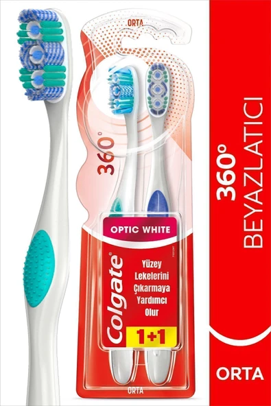 Colgate 360 Optik Beyaz Dil ve Yanak Temizleyicili Orta Beyazlatıcı Diş Fırçası  1+1 ürün görseli 1