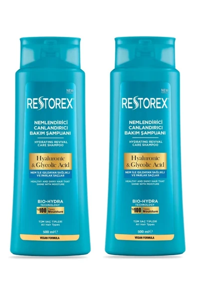 Restorex Hydra Nemlendirici Canlandırıcı Bakım Şampuanı 2x500 Ml - Hyaluronik Asit, Glikoik Asit ürün görseli 1