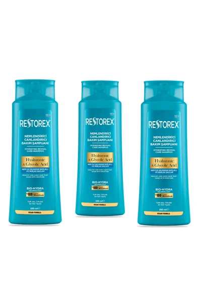 Restorex Hydra Nemlendirici Canlandırıcı Bakım Şampuanı 3x500 Ml - Hyaluronik Asit, Glikoik Asit ürün görseli 1