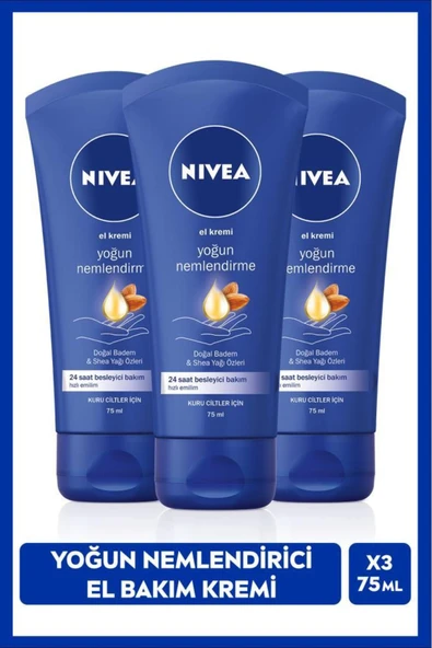 NIVEA Yoğun Nemlendirici ve Besleyici El Bakım Kremi 75ml, Doğal Badem, Shea Yağı Özü, Kuru Cilt, X3 Adet ürün görseli 1