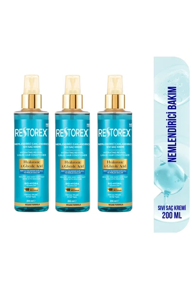 Restorex Hydra Nemlendirici Canlandırıcı Bakım Sıvı Saç Kremi 3x200 Ml - Hyal.Asit Glikoik Asit Sülfatsız ürün görseli 1