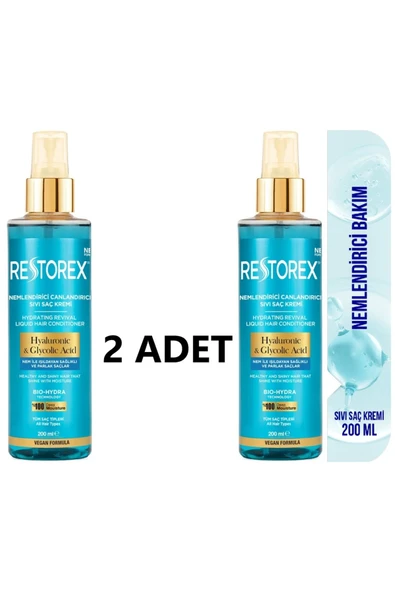 Restorex Hydra Nemlendirici Canlandırıcı Bakım Sıvı Saç Kremi 2x200 Ml-Hyaluronik Asit Glikoik Asit Sülfatsız ürün görseli 1
