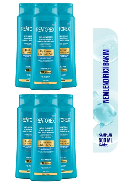 Restorex Hydra Nemlendirici Canlandırıcı Bakım Şampuanı 6x500 Ml - Hyaluronik Asit, Glikoik Asit ürün görseli 1