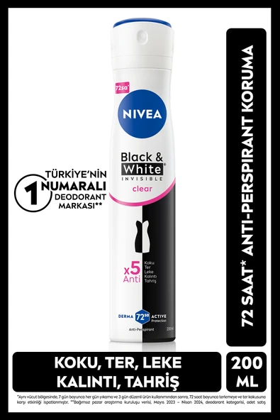 NIVEA Black White Invisible Clear Kadın Sprey Deodorant 200 ml ürün görseli 1