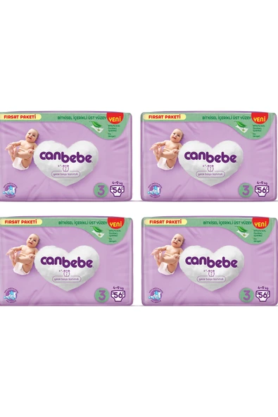 Canbebe Bebek Bezi Fırsat Paketi 3 Beden Midi (4-9 KG) 56 Lı X 4 ürün görseli 1