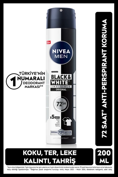 NIVEA Men Erkek Sprey Deodorant Black White Invisible Original 200 ml ürün görseli 1