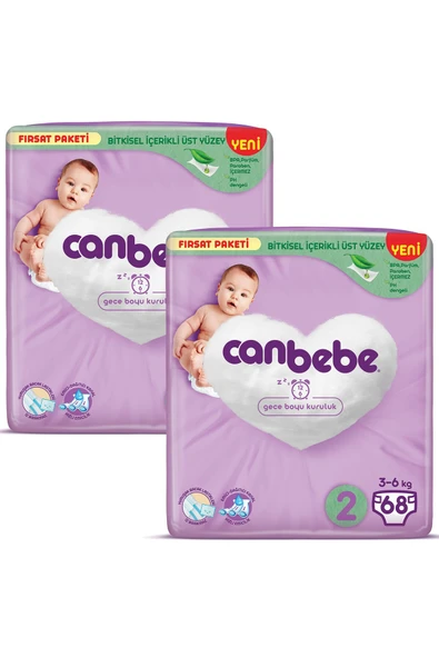 Canbebe Bebek Bezi Fırsat Paketi 2 Beden Mini (3-6 KG) 68 Li X 2 Adet ürün görseli 1