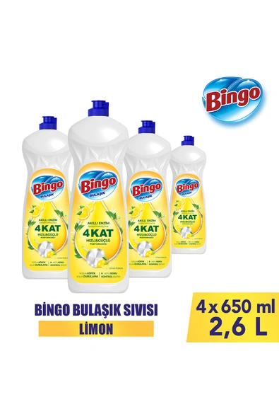 Bingo Sıvı Elde Bulaşık Deterjanı Limon 650ml X 4 Adet ürün görseli 1