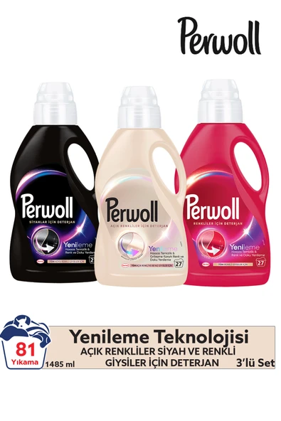 Perwoll Yenileme Siyah, Renkli ve Açık Renkler Sıvı Deterjan 1.485L (3'lü Set) – Güçlü Temizlik ürün görseli 1
