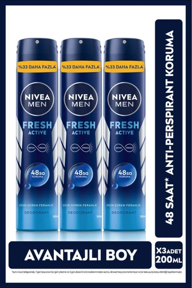 NIVEA Men Erkek Sprey Deodorant Fresh Active 200ml,ter Kokusuna Karşı 48 Saat Koruma,avantajlı Boy,x3 Adet ürün görseli 1