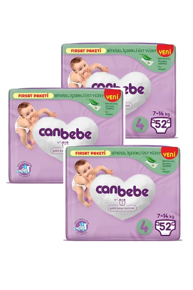 Canbebe Bebek Bezi Fırsat Paketi 4 Beden Maxi (7-14 KG) 52 Li X 3 Adet ürün görseli 1