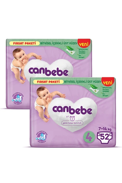 Canbebe Bebek Bezi Fırsat Paketi 4 Beden Maxi (7-14 KG) 52 Li X 2 Adet ürün görseli 1