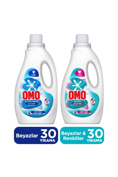 Omo Active Cold Power Beyazlar ve Renkliler Sıvı 1500 ml x1 + Beyazlar Sıvı Deterjan 1500 ml x1 ürün görseli 1
