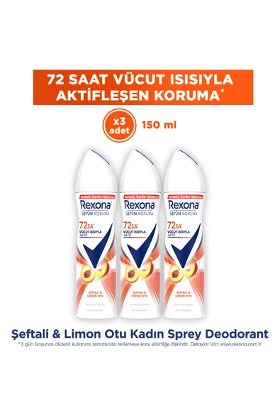 Rexona Kadın Sprey Deodorant Seftali&Limon Otu Antiperspirant 72Saat Kesintisiz Üstün Koruma 150mlx3 ürün görseli 1