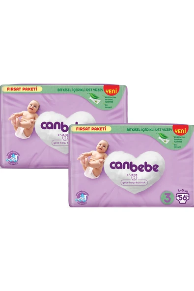 Canbebe Bebek Bezi Fırsat Paketi 3 Beden Midi (4-9 KG) 56 Lı X 2 ürün görseli 1